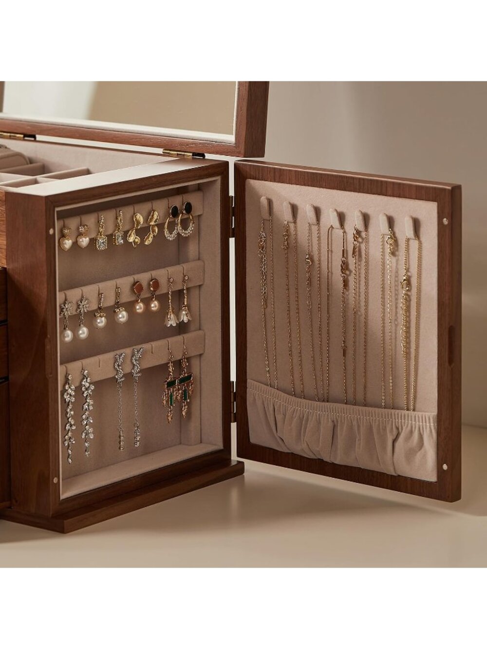 Black Walnut 4 Layer C1 Wooden Jewelry Box for Women with 2 Side Door & Mirror - Picture 6 of 7
